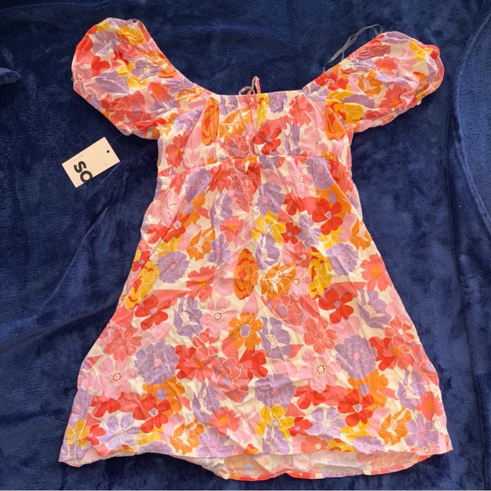 SO Multicolor Floral Tie-Front Puff Sleeve Mini Dress